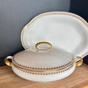 A. Lanternier & Co. Limoges France Vegetable Serving Bowl W/Lid and Platter Set